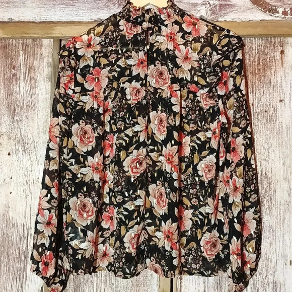 Floral sheer boho gathered mock neck flowy ruffle shimmer wide sleeve M - Picture 8 of 14